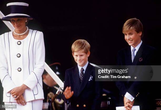 Princess Diana, Prince Harry [ Waving ] And Prince William Watching The Parade Of Veterans On V J Day, The Mall, London. Designer Of Diana's Suit -...
