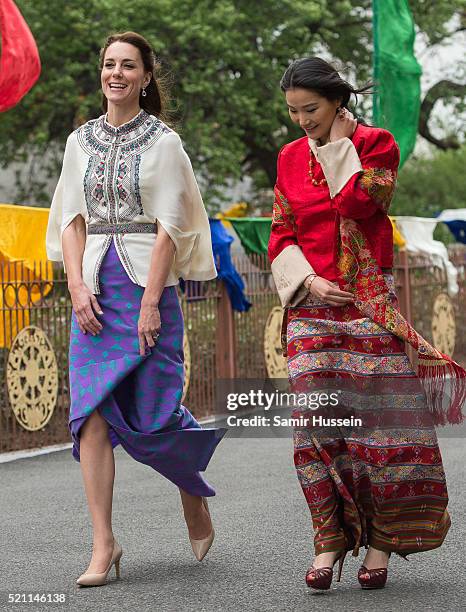 Catherine, Duchess of Cambridge and Queen Jetsun Pem attend a ceremonial welcome and audience at TashichhoDong on April 14, 2016 in Thimphu, Bhutan.