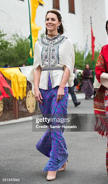 Catherine, Duchess of Cambridge attends a ceremonial welcome and audience at TashichhoDong on April 14, 2016 in Thimphu, Bhutan.