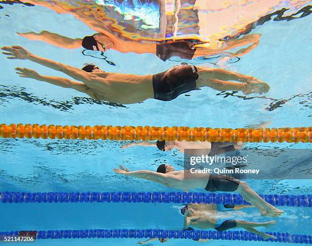 Jared Gilliland, Matson Lawson and Mitch Larkin of Australia compete in the Men's 200 Metre Backstroke during day six of the 2016 Australian Swimming...