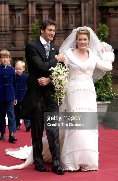 Bride And Groom Edward Van Cutsem And Lady Tamara Grosvenor After Their Wedding At Chester Cathedral. Her Diamond Tiara Is Designed By Carl Faberge...