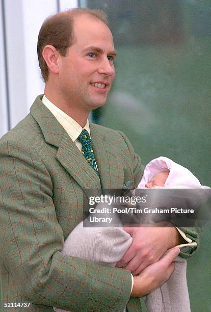 The Earl Of Wessex As Proud Father Leaving Frimley Park Hospital Holding His Baby Daughter, Lady Louise Windsor.