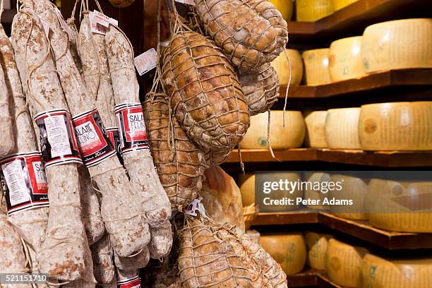 cured meats and parmesan cheese in a deli in parma - insaccato foto e immagini stock