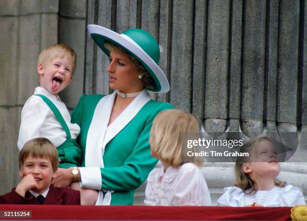 Prince Harry Sticking His Tongue Out Much To The Suprise Of His Mother, Princess Diana At Trooping The Colour With Prince William, Lady Gabriella...