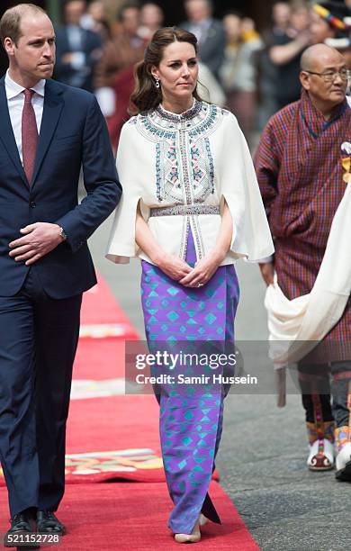 Catherine, Duchess of Cambridge attends a ceremonial welcome and audience at TashichhoDong on April 14, 2016 in Thimphu, Bhutan.