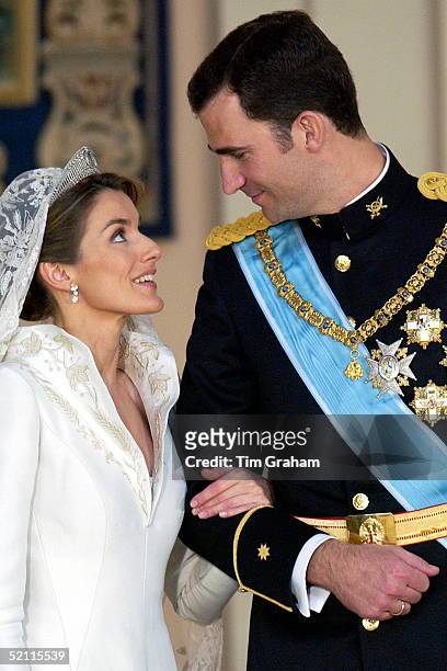 Crown Prince Felipe Of Spain, Prince Of The Asturias, With His Bride Crown Princess Letizia Chatting Together In The Royal Palace