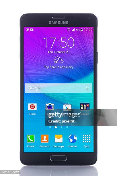 samsung galaxy note 4 with clipping path - android phone stock pictures, royalty-free photos & images