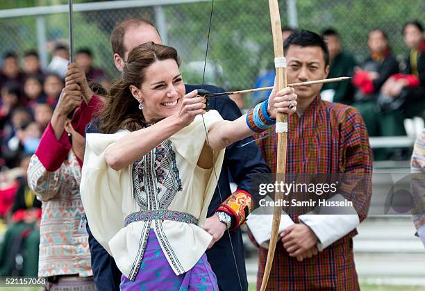 Catherine, Duchess of Cambridge takes part in archery at Thimphu's open-air archery venue on April 14, 2016 in Thimphu, Bhutan.