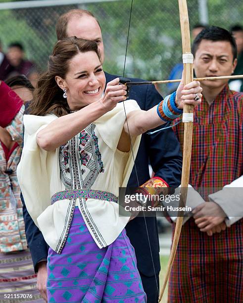 Catherine, Duchess of Cambridge takes part in archery at Thimphu's open-air archery venue on April 14, 2016 in Thimphu, Bhutan.