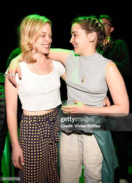 Actresses Jane Levy and Mae Whitman attend the GREEN ROOM Los Angeles Premiere on April 13, 2016 in Hollywood, California.