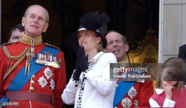 Royals Gather On The Balcony Of Buckingham Palace After Trooping The Colour. The Countess Of Wessex Talks With Her Father-in-law, Prince Philip....