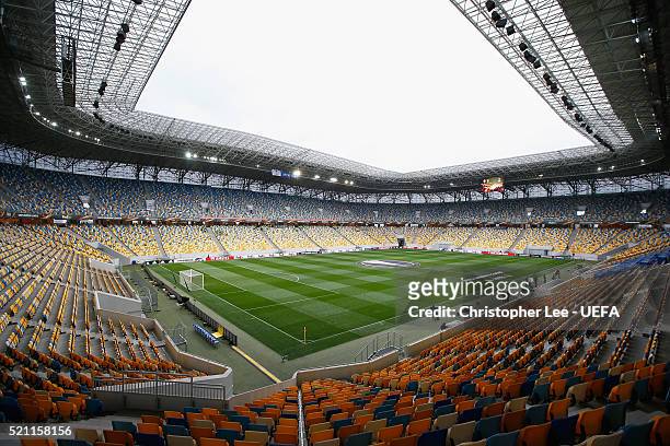 General view of the Arena Lviv during the UEFA Europa League Quarter Final second leg match between Shakhtar Donetsk and SC Braga at Arena Lviv on...