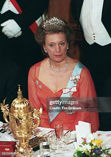 Heads Of State Banquet At Guildhall, London To Commemorate 50th Anniversary Of End Of War In Europe. Princess Benedikte Of Denmark.