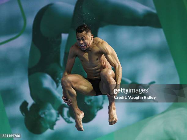 Jahir Ocampo of Mexico completes a dive during a training session prior to the FINA/NVC Diving World Series 2016 at the Windsor International Aquatic...