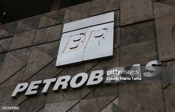 The corporate logo is displayed at Petrobras headquarters on April 13, 2016 in Rio de Janeiro, Brazil. A massive corruption scandal at the...