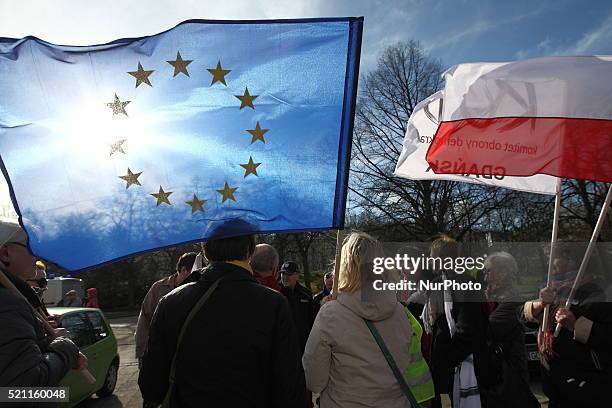 People from KOD protest in front of Pomeranian Voivodeship authority building, against today's events in the Polish parliament, in Gdansk, Poland, on...