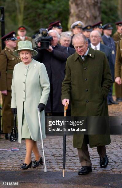 Queen Elizabeth Ll, Using A Walking Stick For Extra Support, Arrives With Her Husband Prince Philip To Open The New Gates At Her Home, Sandringham....