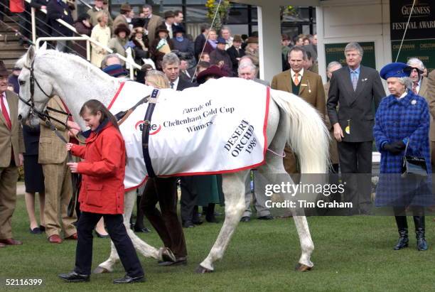 Queen Elizabeth Ll Meeting Retired Champion Race Horse "desert Orchid" On Gold Cup Day At The Cheltenham National Hunt Festival.