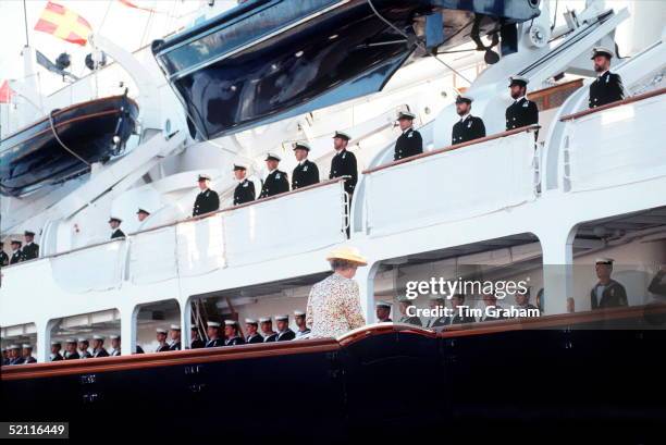 The Queen Boarding Hmy Royal Yacht Britannia For The Cruise Around The Western Isles.