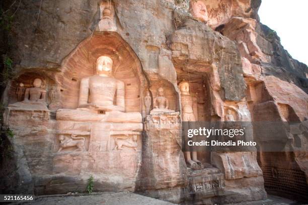 statue of jain tirthankaras in gwalior fort, madhya pradesh, india - jaïnisme stockfoto's en -beelden