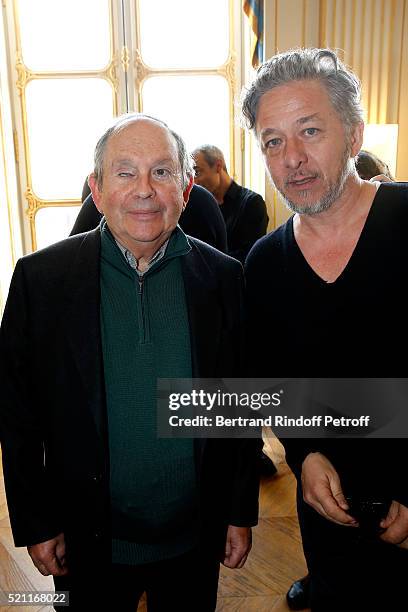 Autor of the Piece "L'etre ou pas", Jean-Claude Grumberg and actor Nicolas Briancon attend the Moliere 2016 - Nominee Luncheon. Held at "Ministere de...