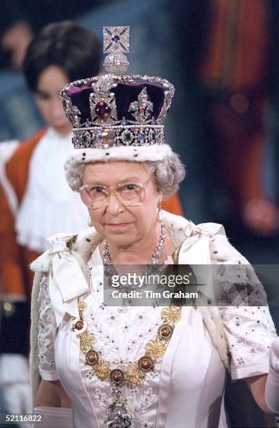 The Queen Wearing The Imperial State Crown At The State Opening Of Parliament In London.