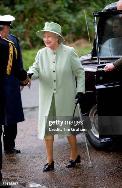 Queen Elizabeth Ll, With Her Knee Bandaged And Carrying A Walking Stick For Extra Support, Arrives To Open The New Gates At Her Home, Sandringham....