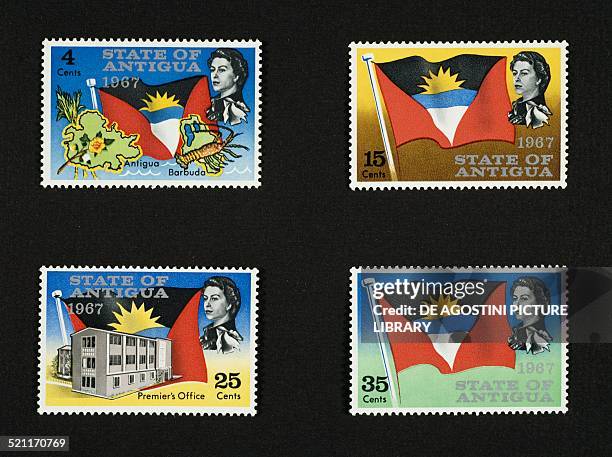 Postage stamps from the series commemorating the Commonwealth association depicting, from left to right and from top to bottom: Antiguan flag and the...