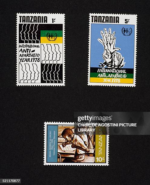 Top, postage stamps commemorating the International anti-apartheid year, 1978; bottom, postage stamp from the series commemorating the 20th...