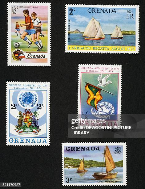 From left to right and from top to bottom: postage stamp commemorating the 1974 FIFA World Cup in Germany depicting game between Federal Republic of...