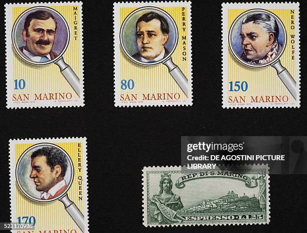 Postage stamps from the series honouring famous Detectives depicting, top from left, Maigret, Perry Mason and Nero Wolf, bottom Ellery Queen, bottom...