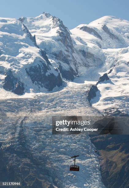the brevent cable car in front of mont blanc above, chamonix, france. - le brevent stock pictures, royalty-free photos & images