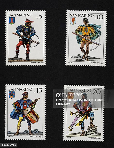 Postage stamps from the series honouring the historical reenactment of the Crossbow tournament depicting Military uniforms and different castles'...