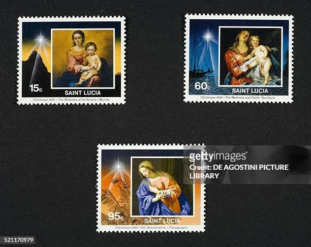 Postage stamps from the Christmas series depicting Madonna del Rosario by Bartolome Esteban Murillo, Virgin and Child by Anton van Dick, Annunciation...