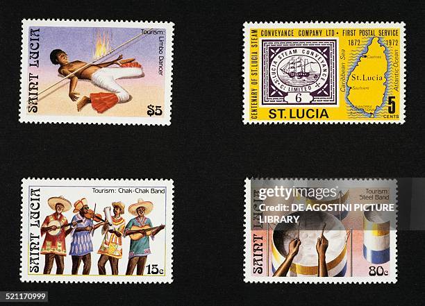 Top left and bottom: postage stamps from the series honouring local folklore and culture depicting Limbo dancer, Chak-Chack group, Drummer; top...