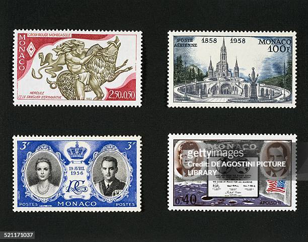 Top from left, postage stamp honouring the Red Cross of Monaco depicting Hercules and the boar of Erymanthian postage stamp commemorating the...