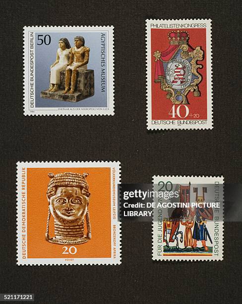 Top from left, postage stamp honouring the Egyptian Museum in Berlin, with statuette of seated married couple from the necropolis of Giza, 1984;...