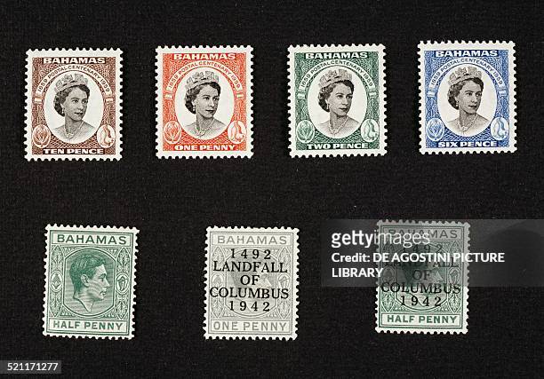 Top: postage stamps from the series commemorating the Centenary of the first stamp issued by the state depicting Elizabeth II; bottom: postage stamp...