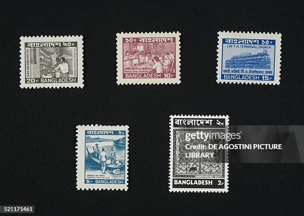 Top and bottom left: postage stamps from the series honouring the Postal services depicting the Interior of a stagecoach, the Central Post Office in...