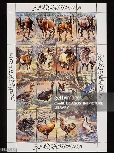 Complete sheet of 12 stamps ??honouring Animal domestication depicting: top row from left, Dromedary , Cow, Horse and Bull; second row, Goat, Dog,...