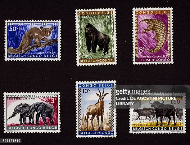 Series of postage stamps honouring Local animals depicting: top from left, Bushbaby , Gorilla and Giant pangolin ; bottom from left, African elephant...
