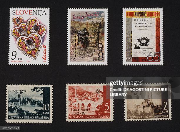 Slovenian postage stamps top from left, postage stamp depicting some Hearts, postage stamp honouring Josip Jurcic ; postage stamp depicting the cover...