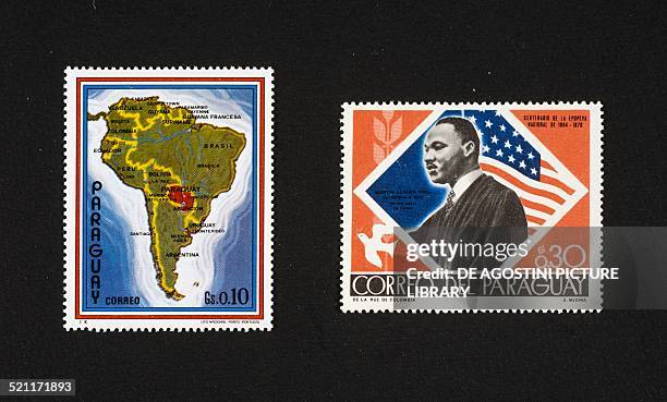 Postage stamp depicting the Map of South America, 1972; postage stamp commemorating the Centenary of the National Epic depicting Martin Luther King....