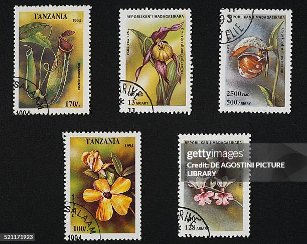Postage stamps honouring Orchids: top left and bottom left, Tanzanian postage stamps depicting Nephentes hybrida and Thunbergia alata; bottom,...