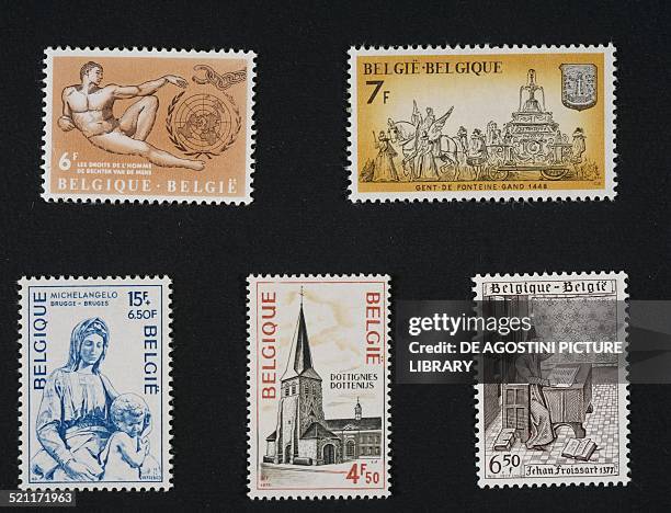 Top from left, postage stamp honouring human rights depicting Adam by Michelangelo, the Symbol of man and a broken chain; postage stamp depicting a...