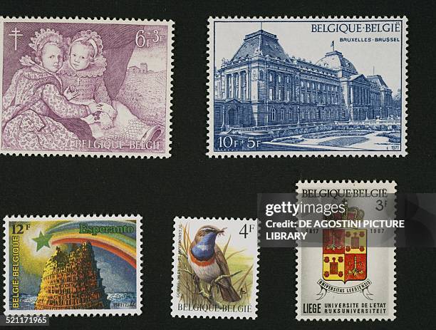 Top from left, postage stamp depicting Royal children from the Flemish age, 1964; postage stamp depicting a palace in Brussels, 1971; bottom from...