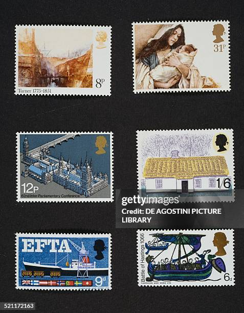 Top from left, postage stamp for the bicentenary of the birth of Joseph Mallord William Turner depicting View from the Arsenale, Venice; postage...