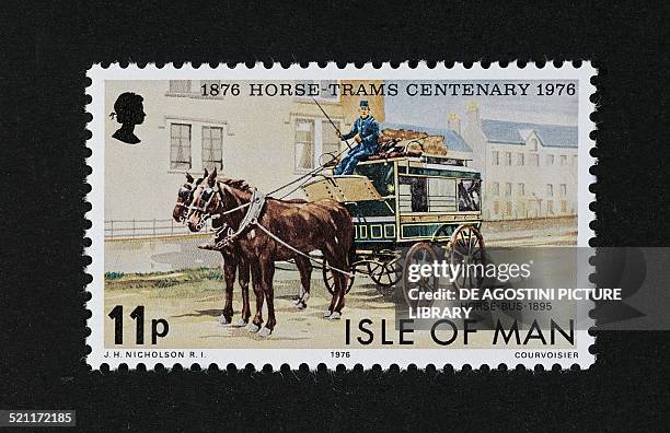 Postage stamp commemorating the Centenary of the horse drawn tram, depicting an 1895 specimen, 1976. Isle of Man, British Crown Dependency, 20th...