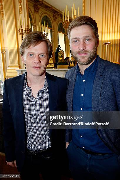 Nominated for "Moliere de l'Humour", Alex Lutz and his stage director Tom Dingler attend the Moliere 2016 - Nominee Luncheon. Held at "Ministere de...