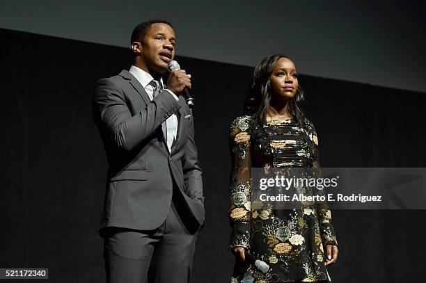Writer/director Nate Parker and Aja Naomi King of 'The Birth of a Nation' speak onstage during CinemaCon 2016 as 20th Century Fox Invites You to a...